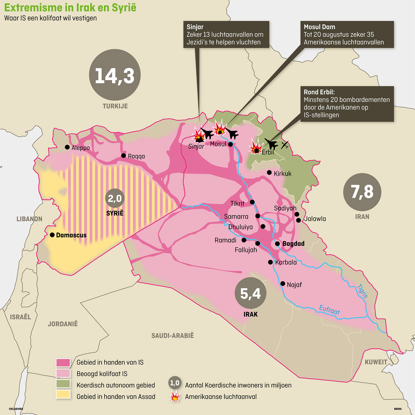 Kaart extremisme in Irak en Syrië