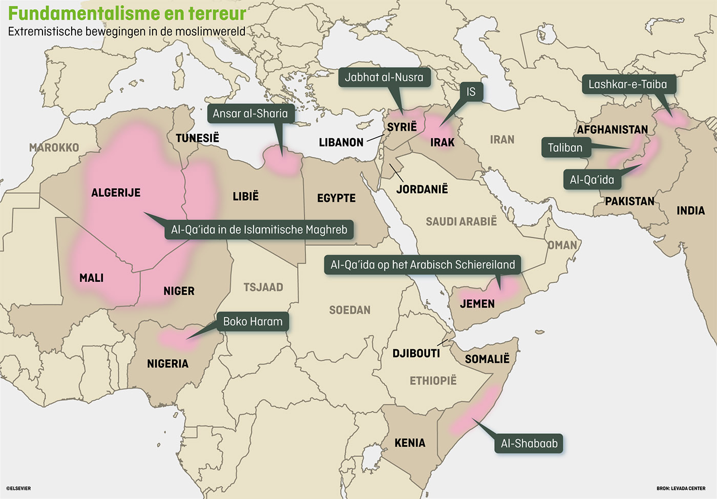 Kaart terreurorganisaties in het Midden-Oosten